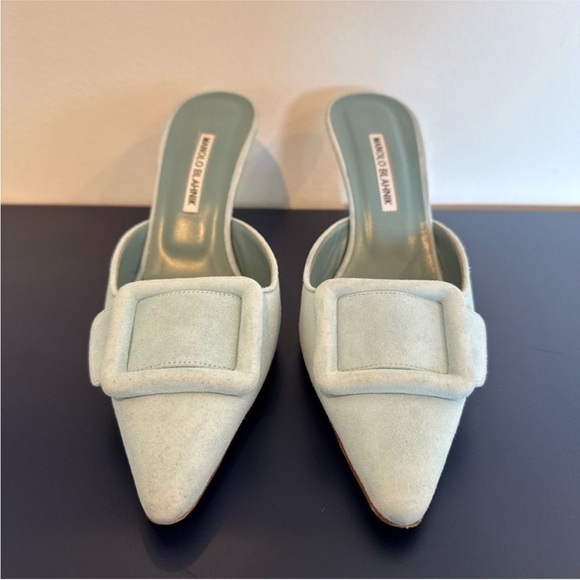 Manolo Blahnik Shoes - Manolo Blahnik Maysale Mule Buckle Light Blue Suede